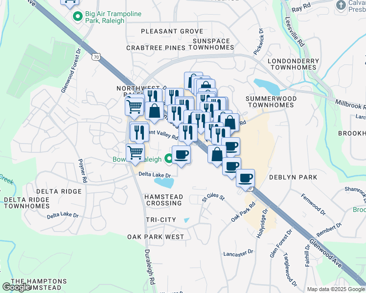map of restaurants, bars, coffee shops, grocery stores, and more near 4217 Pleasant Valley Road in Raleigh