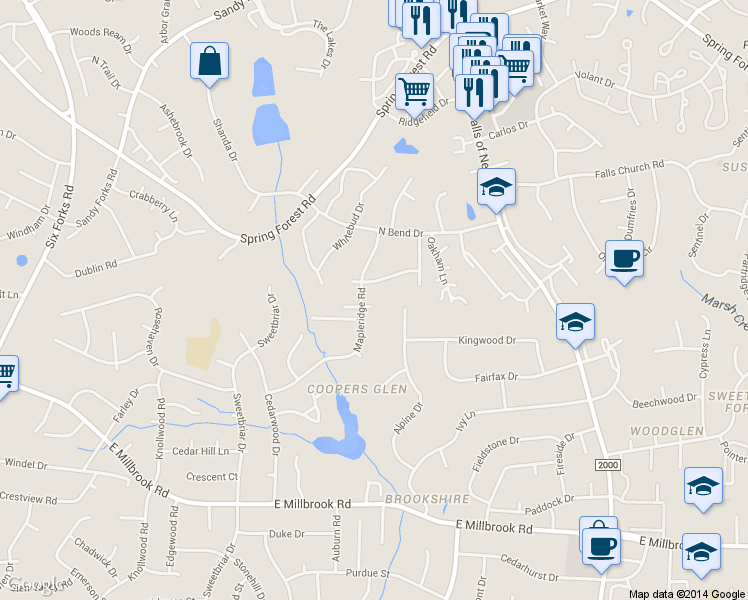 map of restaurants, bars, coffee shops, grocery stores, and more near 805 Silver Leaf Place in Raleigh