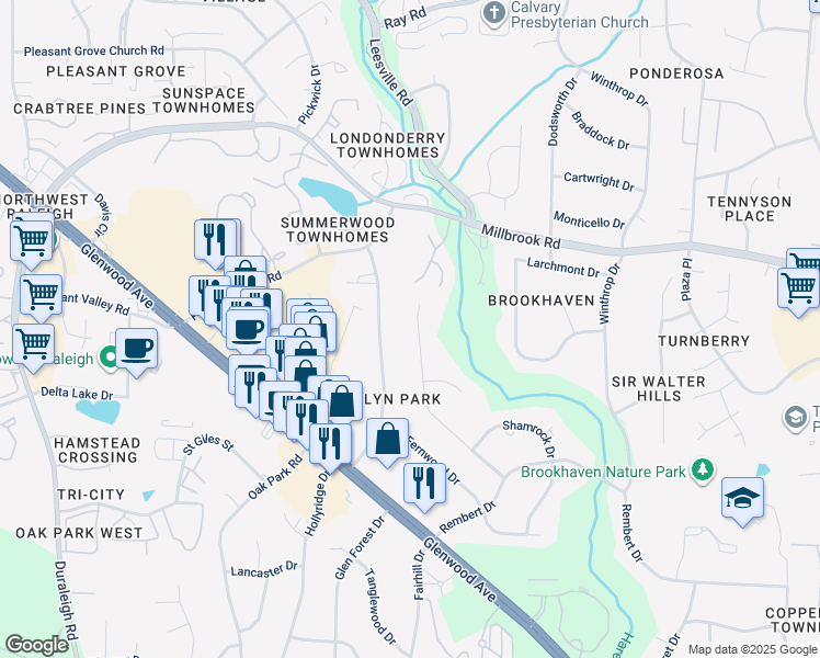 map of restaurants, bars, coffee shops, grocery stores, and more near 5525 Parkwood Drive in Raleigh