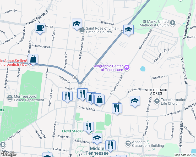 map of restaurants, bars, coffee shops, grocery stores, and more near 1521 Center Pointe Drive in Murfreesboro