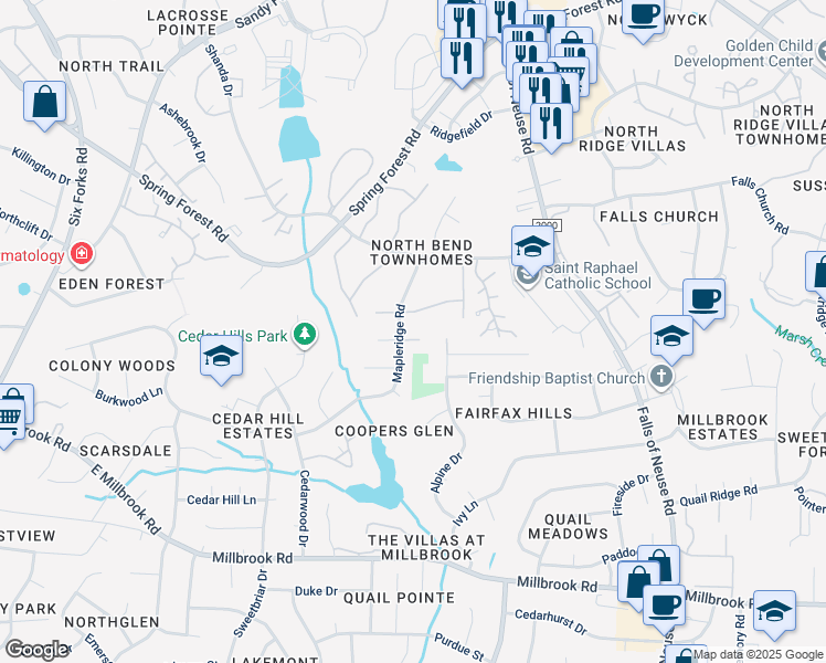 map of restaurants, bars, coffee shops, grocery stores, and more near 805 Silver Leaf Place in Raleigh