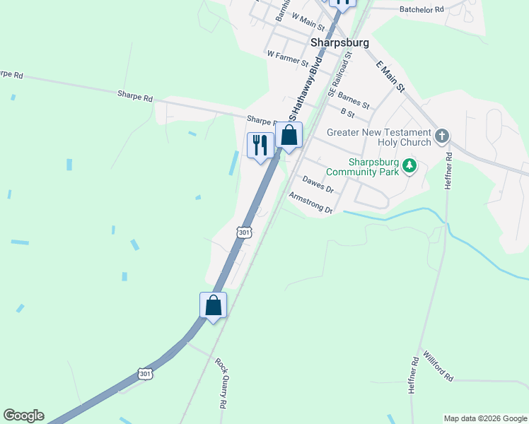 map of restaurants, bars, coffee shops, grocery stores, and more near 4331 South Hathaway Boulevard in Rocky Mount