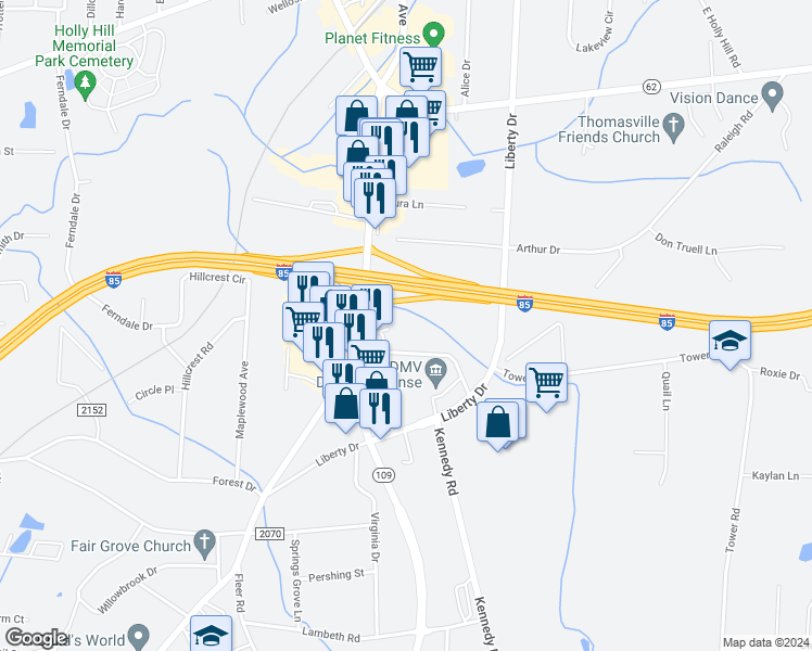 map of restaurants, bars, coffee shops, grocery stores, and more near 1119 Randolph Street in Thomasville