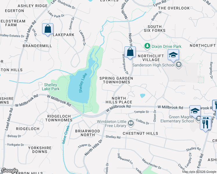 map of restaurants, bars, coffee shops, grocery stores, and more near 1314 Garden Crest Circle in Raleigh