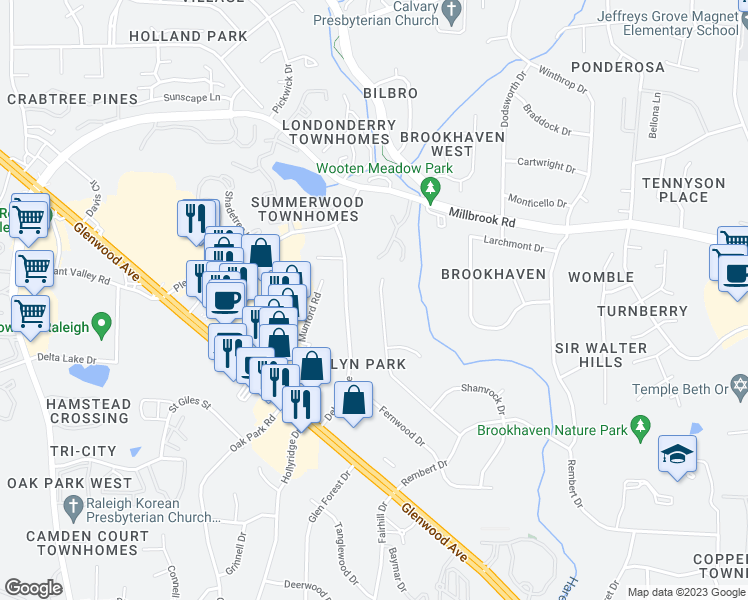 map of restaurants, bars, coffee shops, grocery stores, and more near 5525 Parkwood Drive in Raleigh