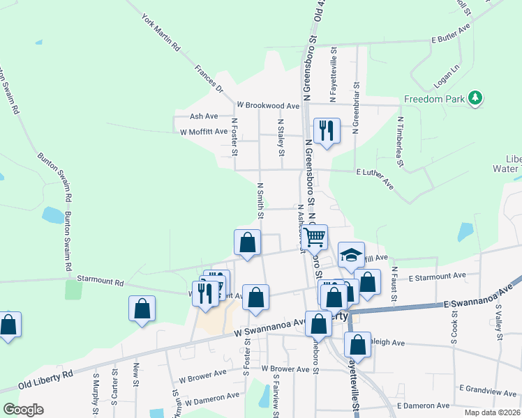 map of restaurants, bars, coffee shops, grocery stores, and more near 401 North Smith Street in Liberty