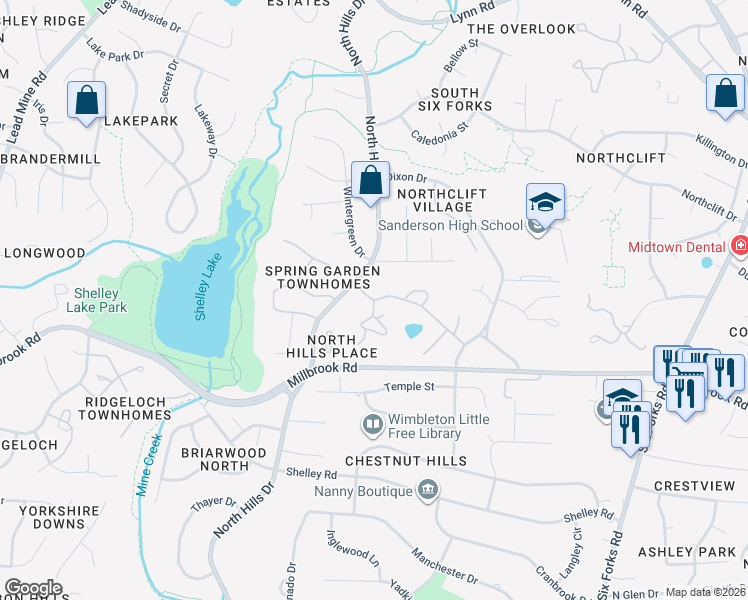 map of restaurants, bars, coffee shops, grocery stores, and more near 900 Shellbrook Court in Raleigh