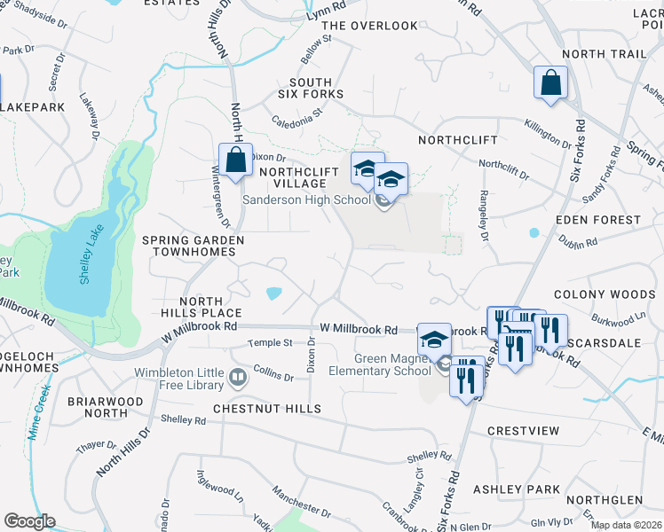 map of restaurants, bars, coffee shops, grocery stores, and more near 2213 Dixon Drive in Raleigh