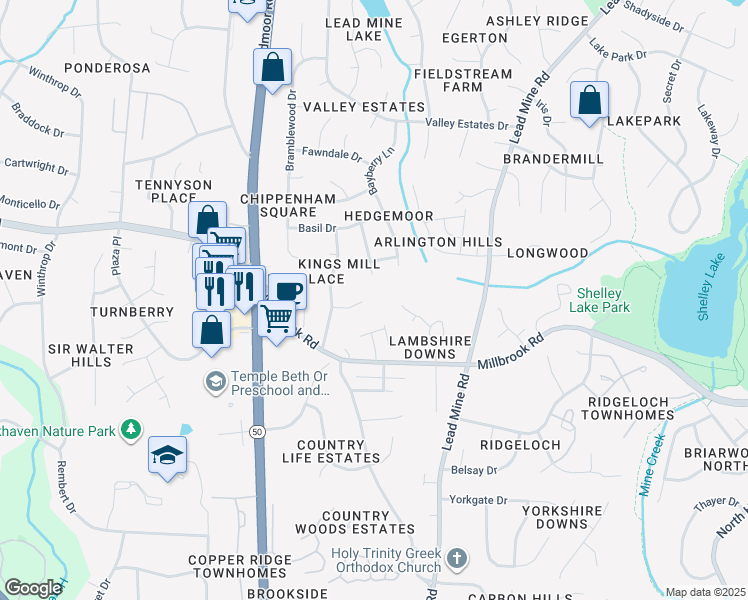 map of restaurants, bars, coffee shops, grocery stores, and more near 2301 Cowden Court in Raleigh
