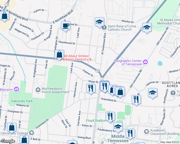 map of restaurants, bars, coffee shops, grocery stores, and more near 1130 East Clark Boulevard in Murfreesboro