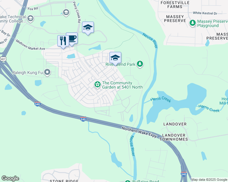 map of restaurants, bars, coffee shops, grocery stores, and more near 6304 Truxton Ln in Raleigh