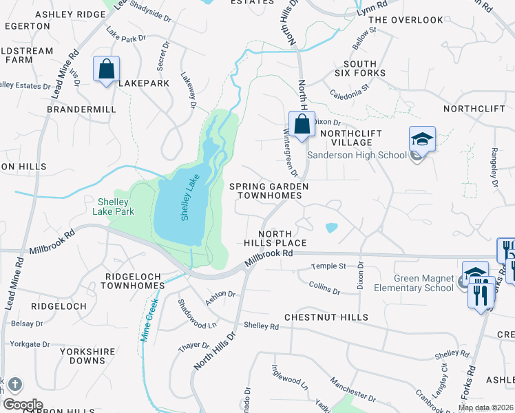 map of restaurants, bars, coffee shops, grocery stores, and more near 1314 Garden Crest Circle in Raleigh