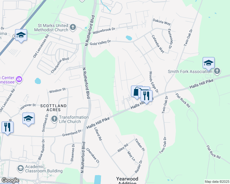 map of restaurants, bars, coffee shops, grocery stores, and more near 1043 Tradition Trail in Murfreesboro