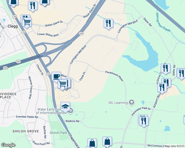 map of restaurants, bars, coffee shops, grocery stores, and more near 5221 Paramount Parkway in Morrisville