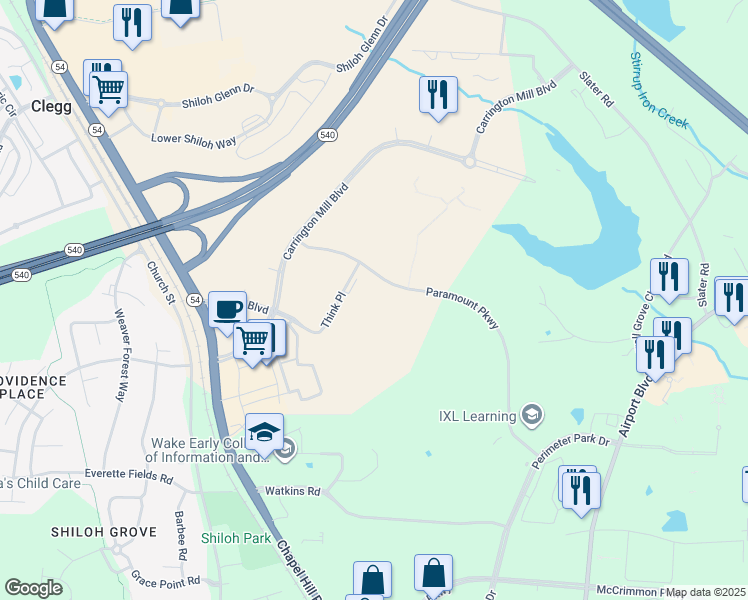 map of restaurants, bars, coffee shops, grocery stores, and more near 5221 Paramount Parkway in Morrisville