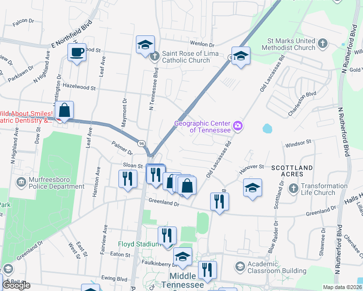 map of restaurants, bars, coffee shops, grocery stores, and more near 1521 Center Pointe Drive in Murfreesboro