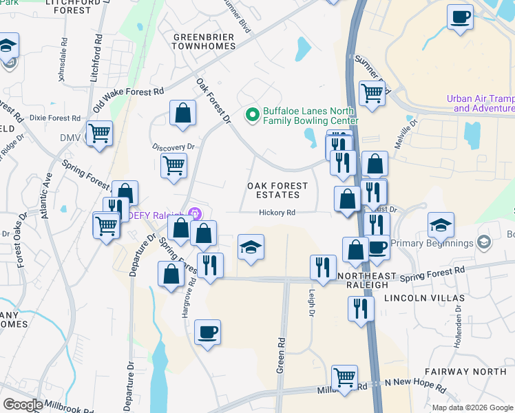 map of restaurants, bars, coffee shops, grocery stores, and more near 3005 Hickory Road in Raleigh