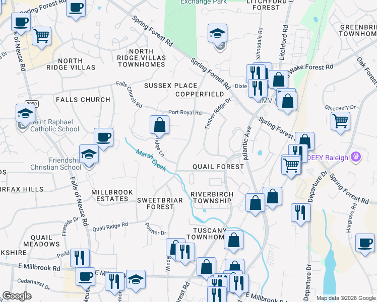 map of restaurants, bars, coffee shops, grocery stores, and more near 1920 Quail Ridge Road in Raleigh