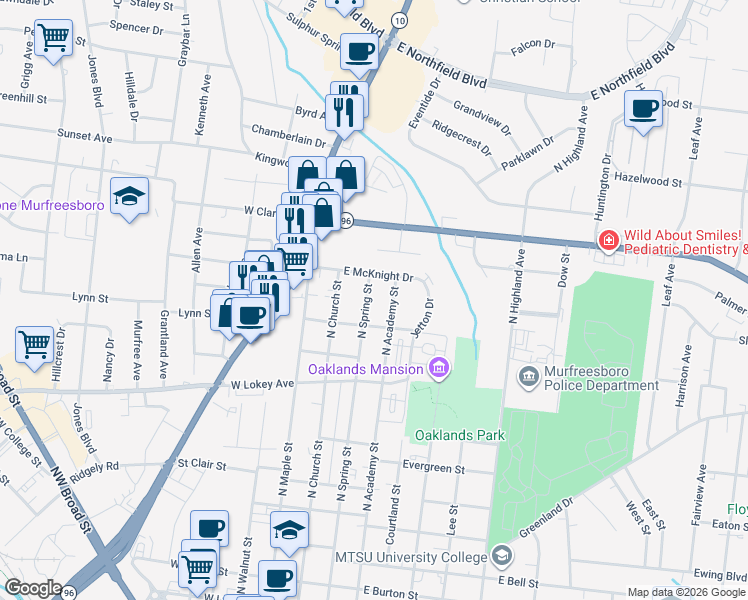 map of restaurants, bars, coffee shops, grocery stores, and more near 1216 North Spring Street in Murfreesboro