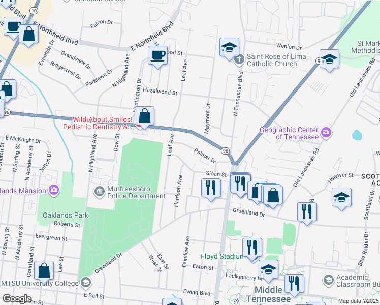 map of restaurants, bars, coffee shops, grocery stores, and more near 955 Palmer Drive in Murfreesboro