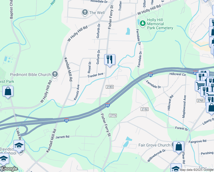 map of restaurants, bars, coffee shops, grocery stores, and more near Old Fisher Ferry Road in Thomasville