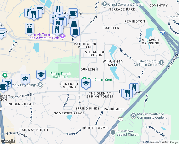 map of restaurants, bars, coffee shops, grocery stores, and more near 5713 Orchard Beach Lane in Raleigh