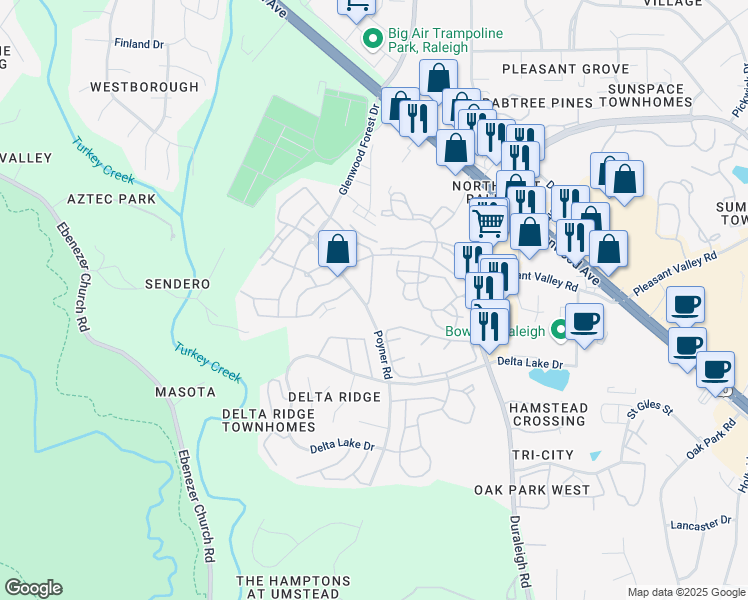 map of restaurants, bars, coffee shops, grocery stores, and more near 4867 Sir Duncan Way in Raleigh