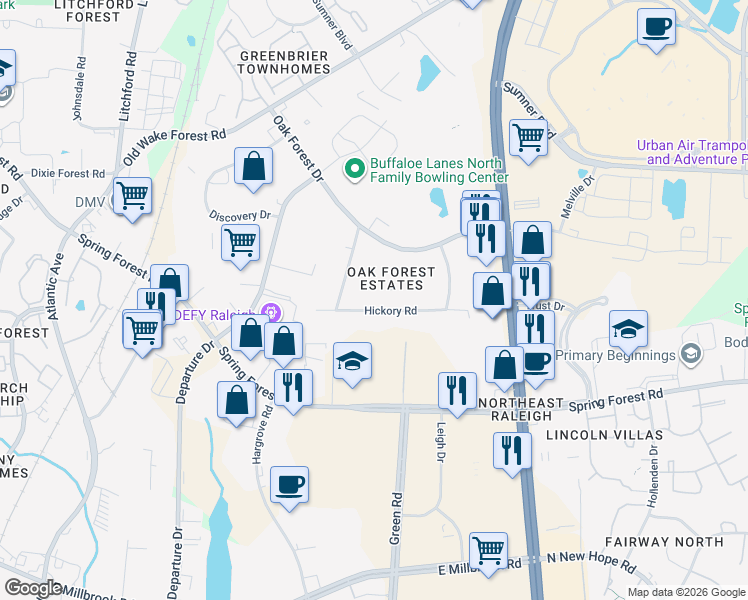 map of restaurants, bars, coffee shops, grocery stores, and more near 3005 Hickory Road in Raleigh