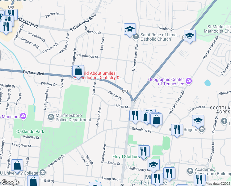 map of restaurants, bars, coffee shops, grocery stores, and more near 1130 East Clark Boulevard in Murfreesboro
