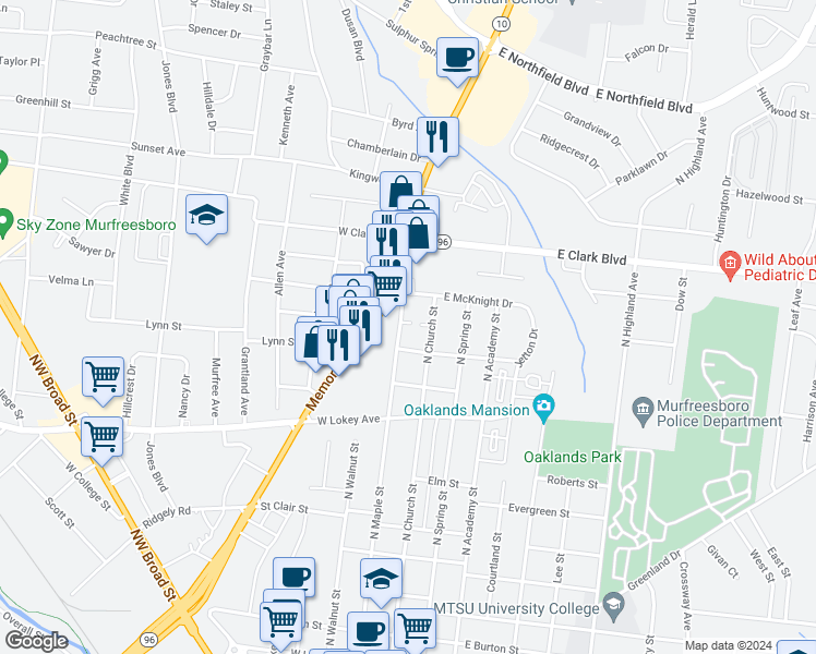 map of restaurants, bars, coffee shops, grocery stores, and more near 1115 North Maple Street in Murfreesboro