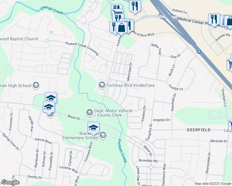 map of restaurants, bars, coffee shops, grocery stores, and more near 843 Kanatak Lane in Murfreesboro