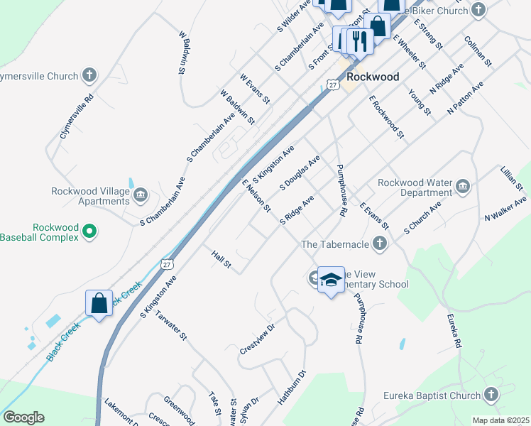 map of restaurants, bars, coffee shops, grocery stores, and more near 301 East Nelson Street in Rockwood