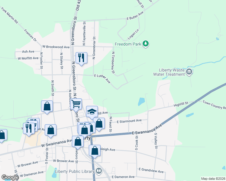 map of restaurants, bars, coffee shops, grocery stores, and more near 414 East Luther Avenue in Liberty