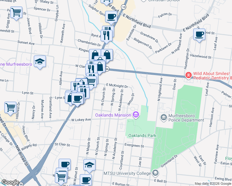 map of restaurants, bars, coffee shops, grocery stores, and more near 1216 North Spring Street in Murfreesboro