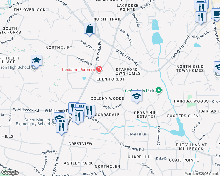 map of restaurants, bars, coffee shops, grocery stores, and more near 217 Rosehaven Drive in Raleigh