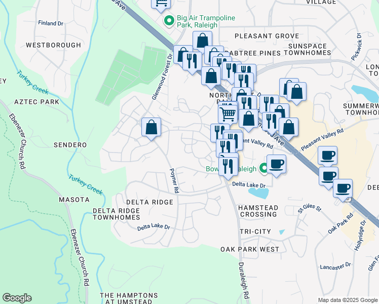 map of restaurants, bars, coffee shops, grocery stores, and more near 5908 Waterford Bluff Lane in Raleigh