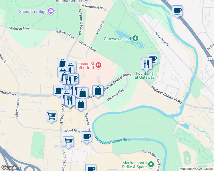 map of restaurants, bars, coffee shops, grocery stores, and more near Medical Center Parkway in Murfreesboro