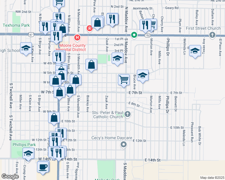 map of restaurants, bars, coffee shops, grocery stores, and more near 624 East 7th Street in Dumas