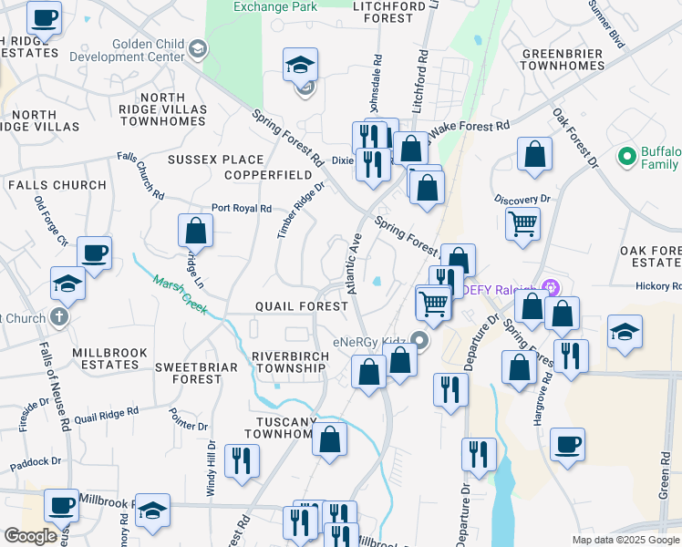 map of restaurants, bars, coffee shops, grocery stores, and more near 5881 Shady Grove Circle in Raleigh