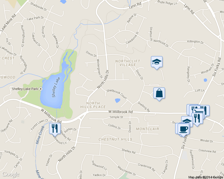 map of restaurants, bars, coffee shops, grocery stores, and more near 900 Shellbrook Court in Raleigh