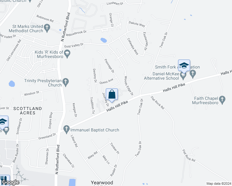 map of restaurants, bars, coffee shops, grocery stores, and more near 1320 Journey Drive in Murfreesboro