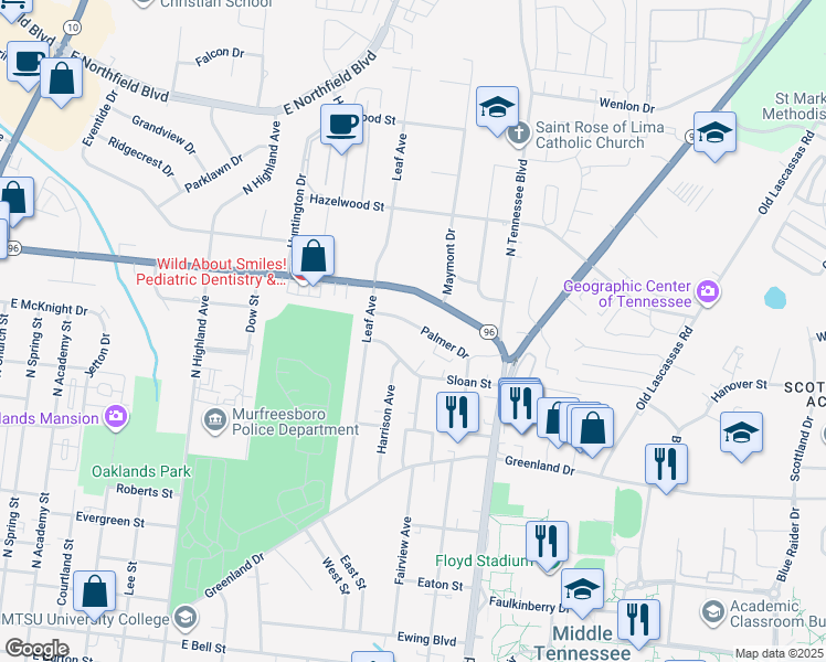 map of restaurants, bars, coffee shops, grocery stores, and more near 955 Palmer Drive in Murfreesboro