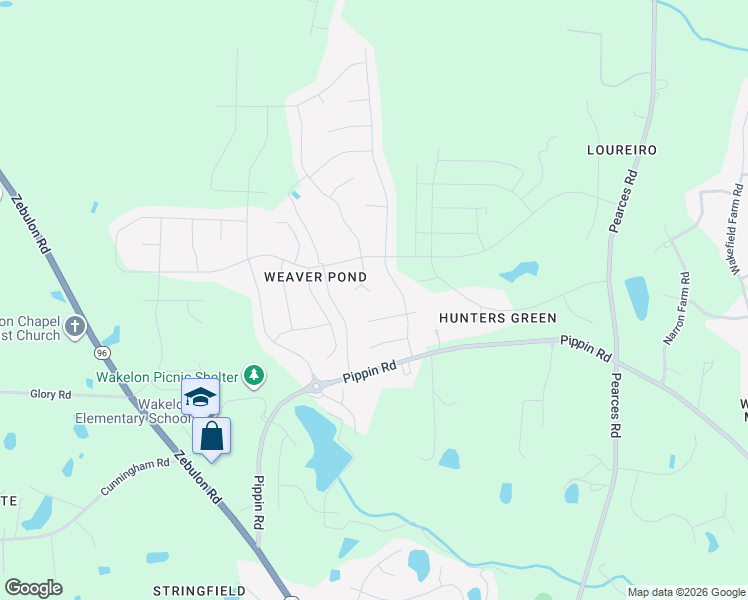 map of restaurants, bars, coffee shops, grocery stores, and more near 401 Lily Pad Court in Zebulon