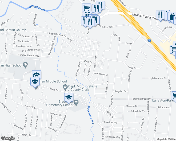map of restaurants, bars, coffee shops, grocery stores, and more near 843 Kanatak Lane in Murfreesboro