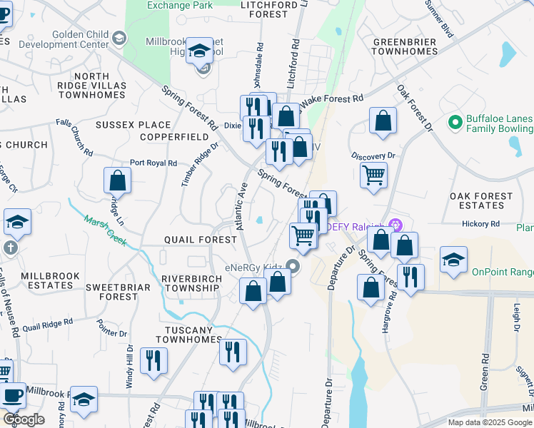 map of restaurants, bars, coffee shops, grocery stores, and more near 2530 Cedar Forest Way in Raleigh