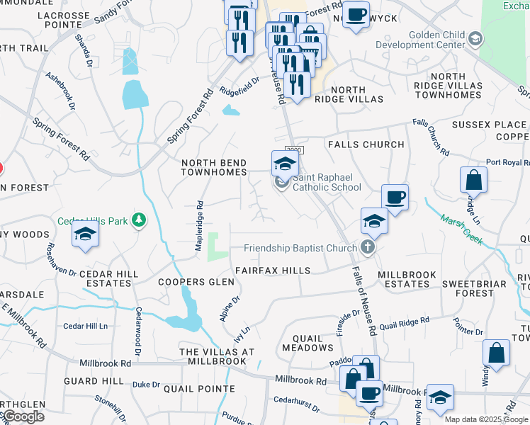 map of restaurants, bars, coffee shops, grocery stores, and more near 1202 Deptford Court in Raleigh