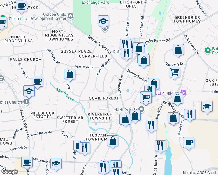 map of restaurants, bars, coffee shops, grocery stores, and more near 5817 Shady Grove Circle in Raleigh
