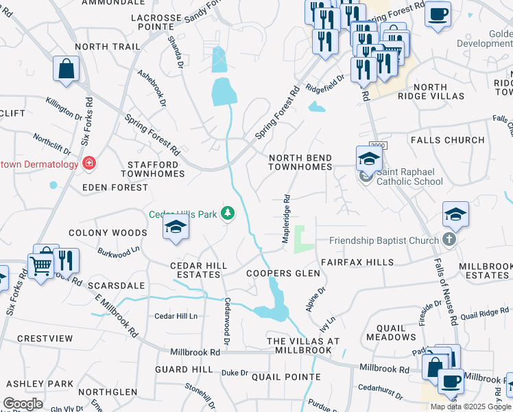 map of restaurants, bars, coffee shops, grocery stores, and more near 5803 Branchwood Road in Raleigh