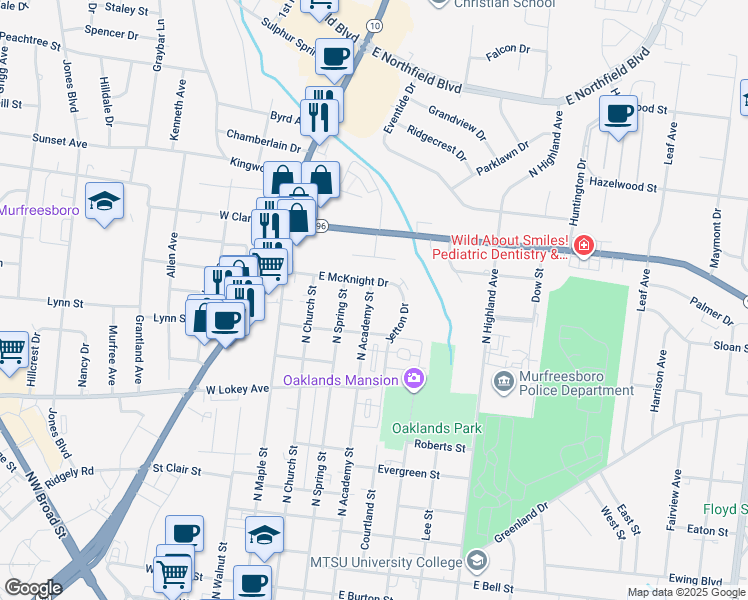map of restaurants, bars, coffee shops, grocery stores, and more near 1116 North Academy Street in Murfreesboro