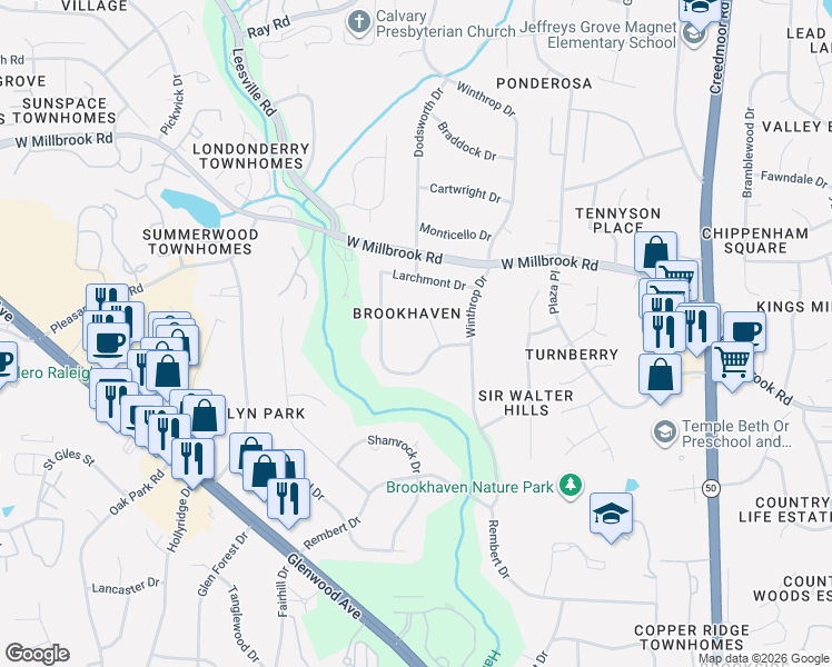 map of restaurants, bars, coffee shops, grocery stores, and more near 5805 Chelsea Place in Raleigh